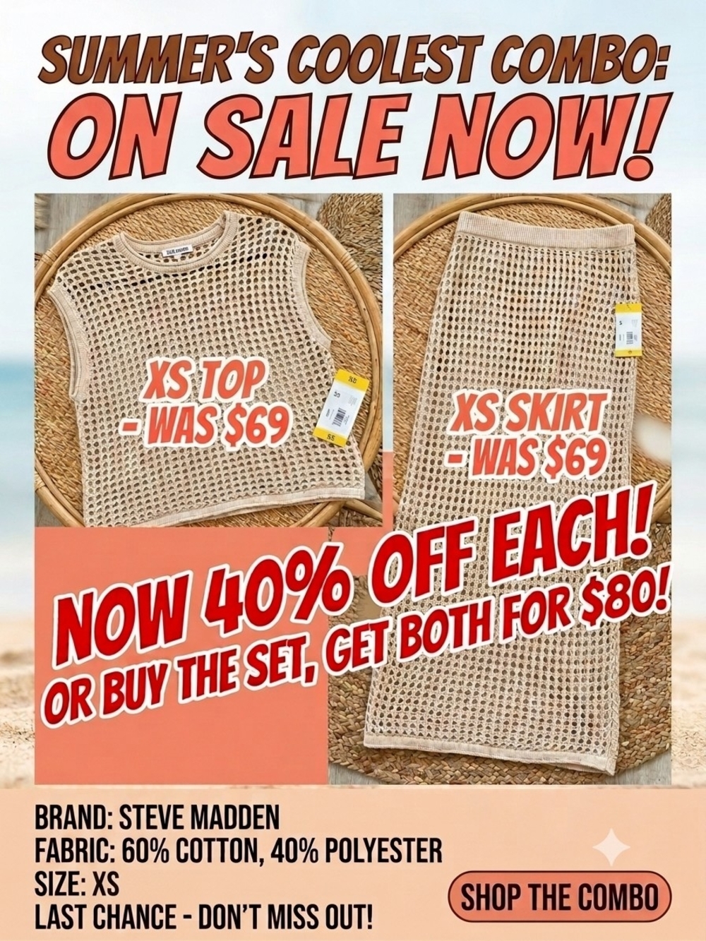 Steve Madden Beige Crochet Knit Crop Top & Midi Skirt Set